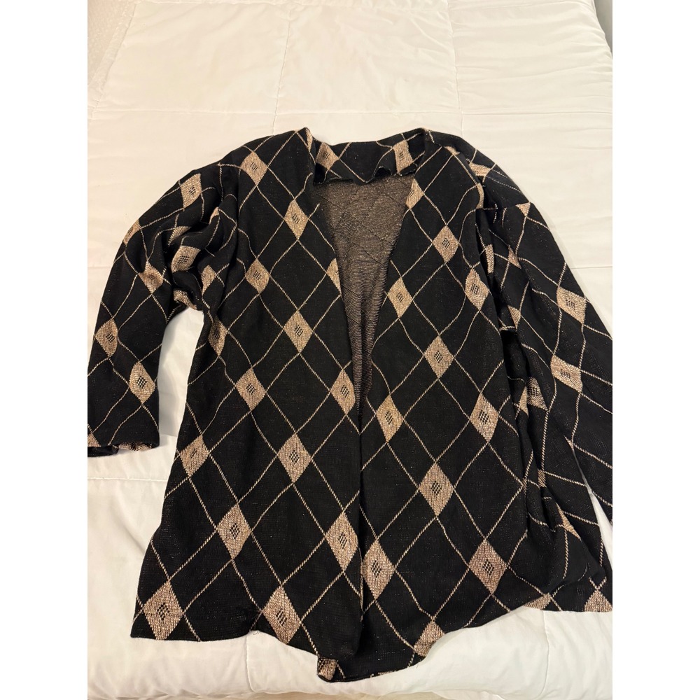 AT Sport Womens Black Gold Metallic Argyle Open Front Cardigan Knit Sweater Top